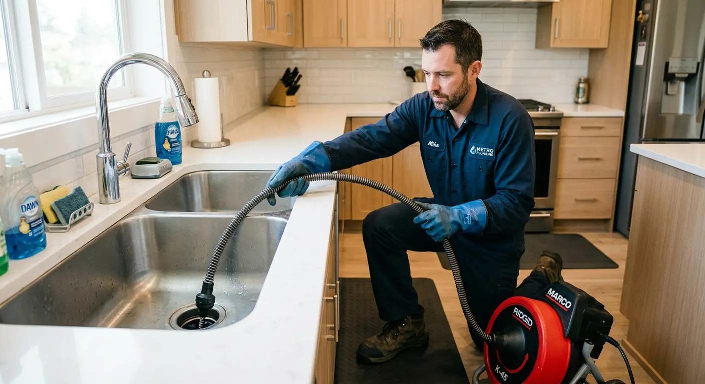 Drain cleaning technician using a motorized snake on a kitchen sink in Mamakating