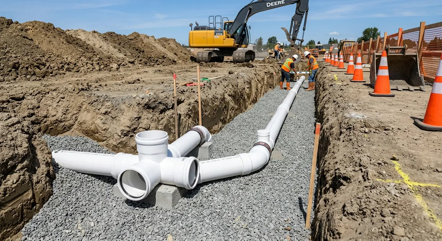 New PVC sewer pipe installation in open trench for Sewer Backup in Mamakating